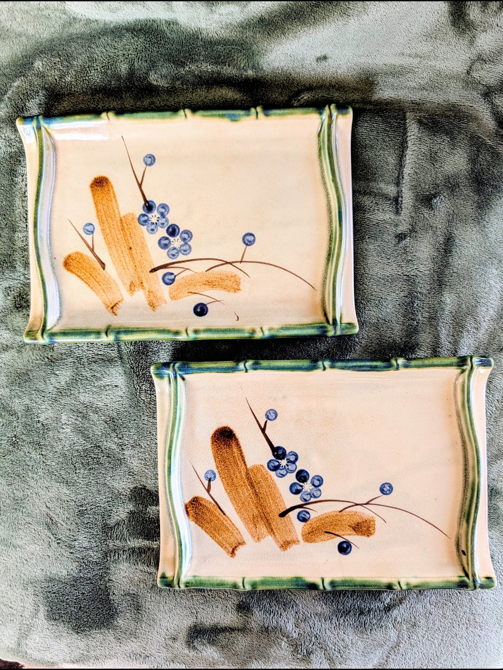 Vintage Japanese Stoneware Plate Pair, Hand-Painted Bamboo Rim, 1970s Retro